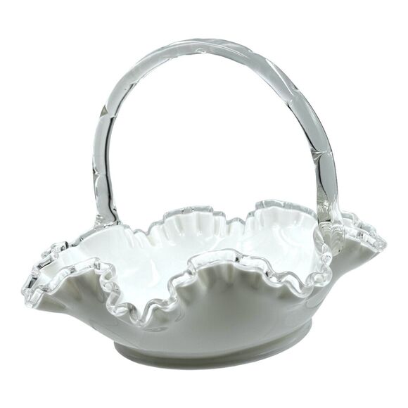 Vintage Fenton Silver Crest Bridal Basket White Ruffled Clear Edges Handle Large - Picture 5 of 16